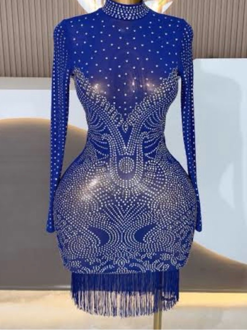Royal Blue Embellished Long-Sleeve Fringe Bodycon Dress M/L